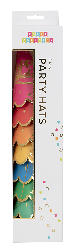 Packaged party hats with colorful designs on a white background