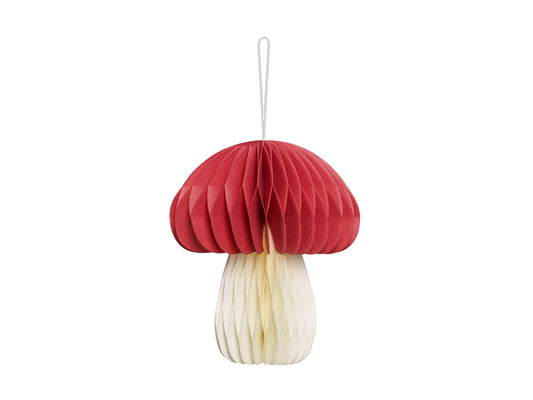 Red and beige honeycomb mushroom paper decoration, sold in Toronto and shipping across Canada.