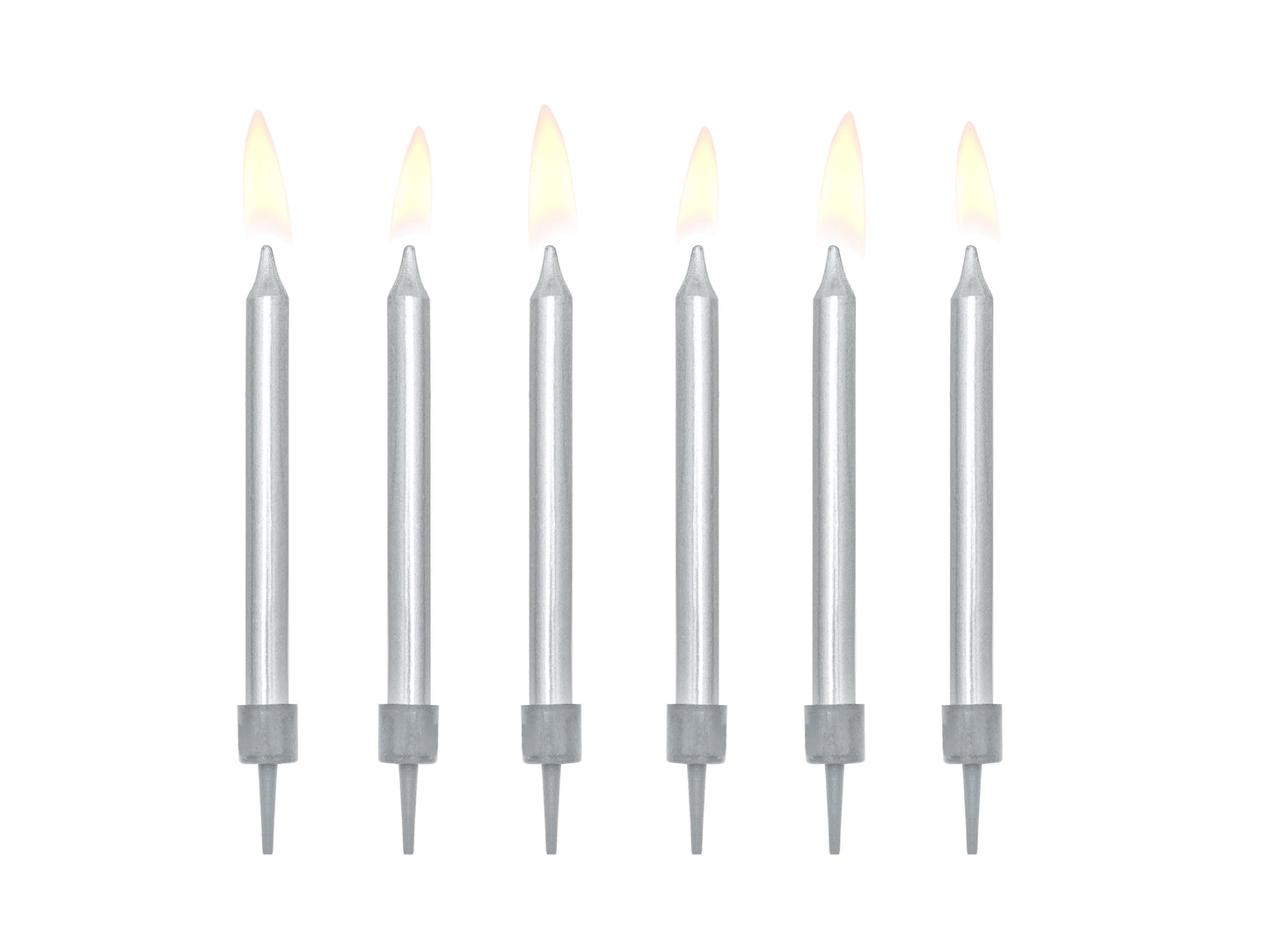 Metallic silver birthday candles with holders, approx. 6 cm, set of 6, available at Confetti My Party Toronto