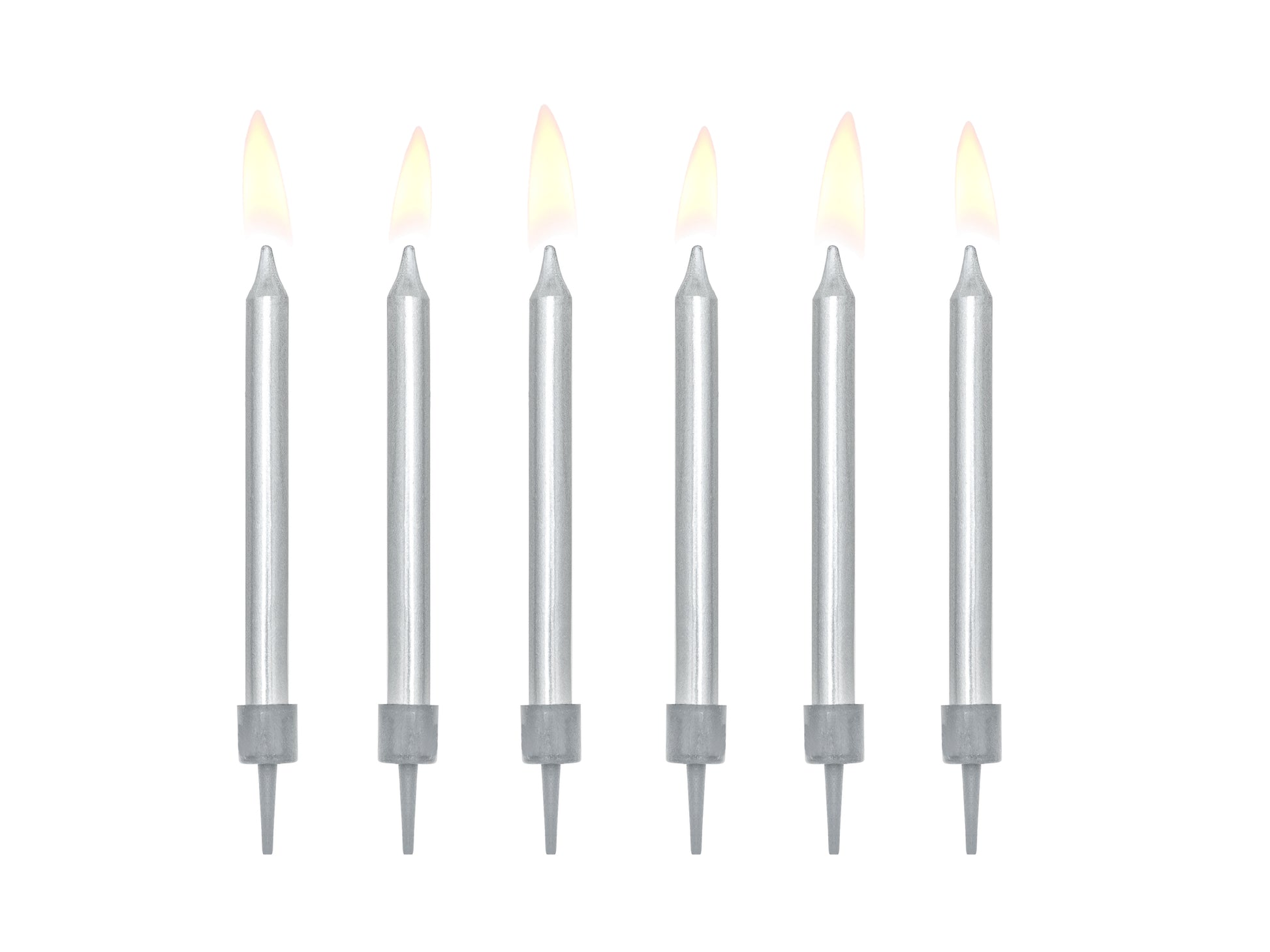 Metallic silver birthday candles with holders, approx. 6 cm, set of 6, available at Confetti My Party Toronto