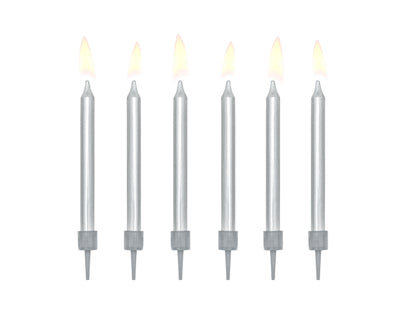 Metallic silver birthday candles with holders, approx. 6 cm, set of 6, available at Confetti My Party Toronto