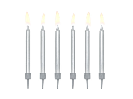 Metallic silver birthday candles with holders, approx. 6 cm, set of 6, available at Confetti My Party Toronto
