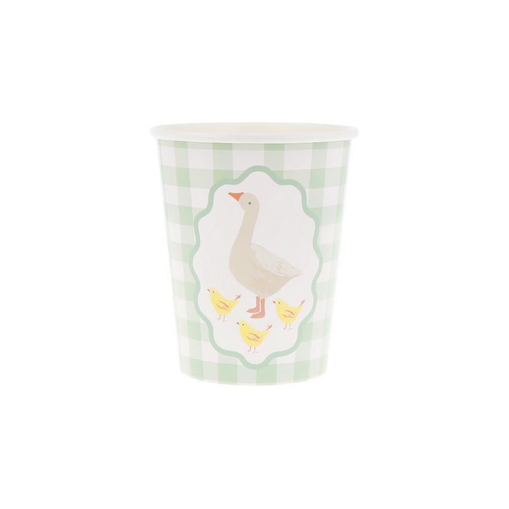 Mint gingham Meri Meri party cup with goose and chicks design, available at our Toronto party shop