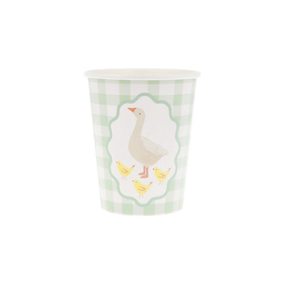 Mint gingham Meri Meri party cup with goose and chicks design, available at our Toronto party shop