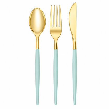 MINT & GREEN REUSABLE CUTLERY SET | 16 FORKS, 8 SPOONS, 8 KNIVES