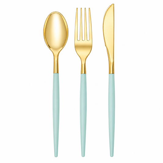 MINT & GREEN REUSABLE CUTLERY SET | 16 FORKS, 8 SPOONS, 8 KNIVES