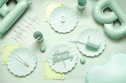 matte green reusable party supplies - cake plate, matte happy birthday topper, balloons, candles and napkins 