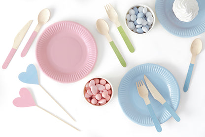 pink, green and blue dipped end wooden cutlery