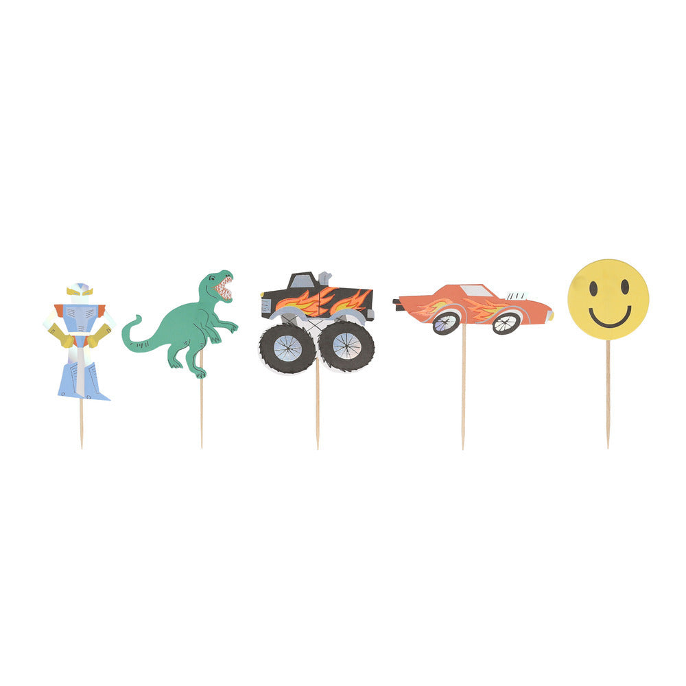 Set of 5 Meri Meri cupcake toppers including robot, dinosaur, monster truck, race car, and smiley face, sold in Toronto at Confetti My Party.