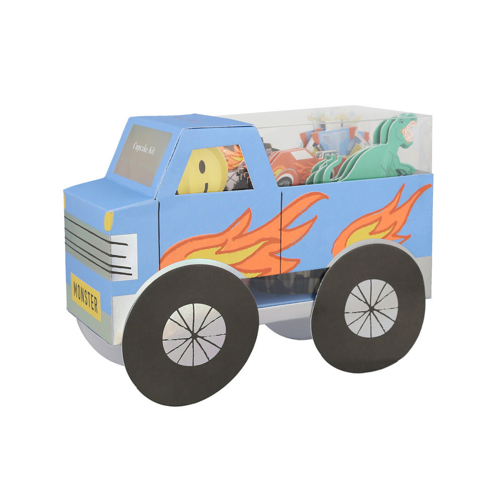 Monster truck cupcake kit by Meri Meri with retro toy toppers and checkered cases, available at Confetti My Party and ships across Canada for birthdays
