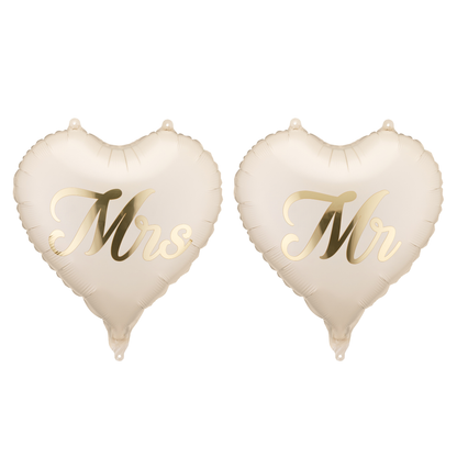 Beige heart foil balloons with gold Mr and Mrs lettering available in Toronto and shipping across Canada
