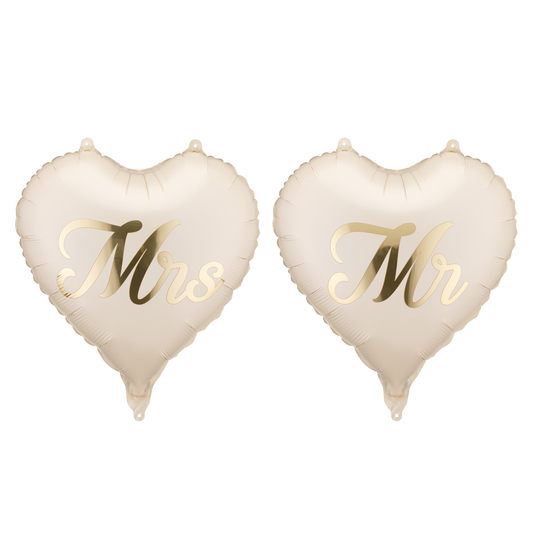 Beige heart foil balloons with gold Mr and Mrs lettering available in Toronto and shipping across Canada