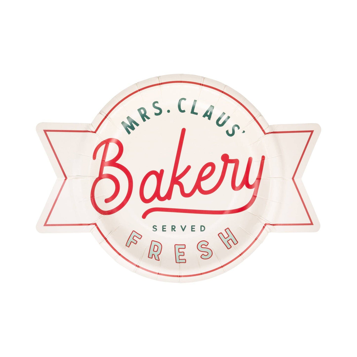 Toronto Christmas dessert plate shaped like a vintage bakery sign with “Mrs. Claus Bakery Served Fresh” design.