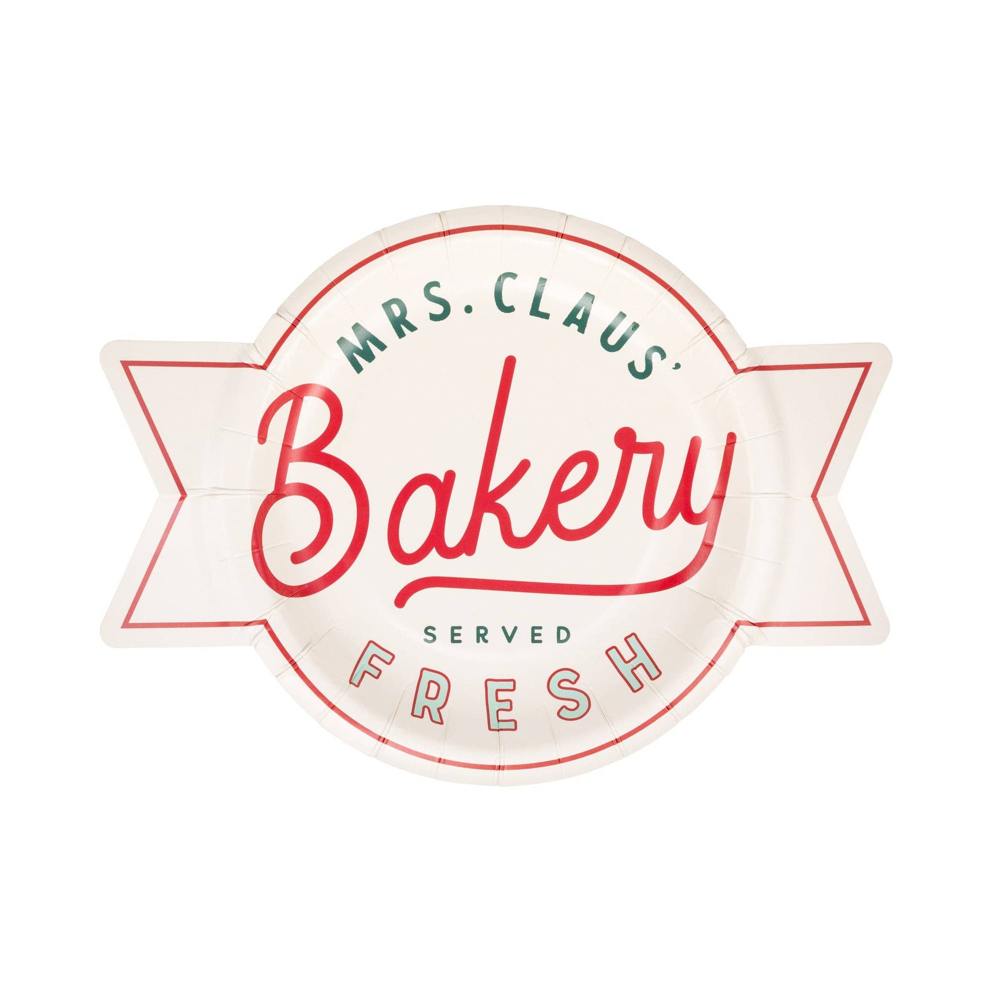 Toronto Christmas dessert plate shaped like a vintage bakery sign with “Mrs. Claus Bakery Served Fresh” design.