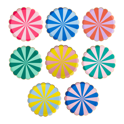 Multicolour striped party plates in eight bright colour combinations with scalloped edges and gold foil trim