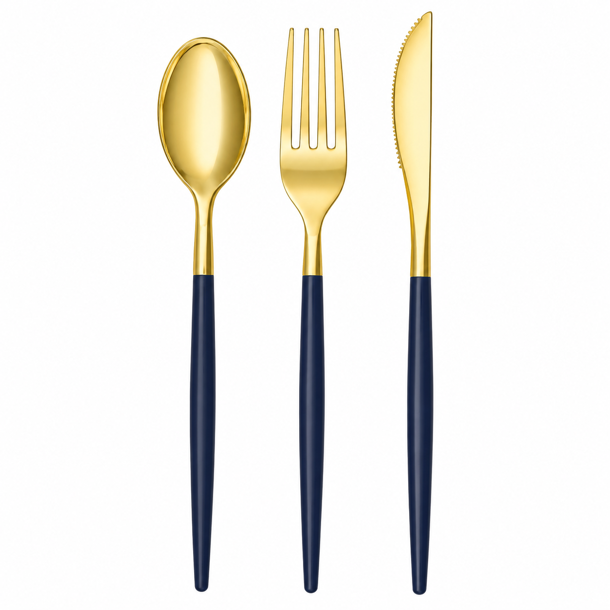 NAVY & GOLD REUSABLE CUTLERY SET | 16 FORKS, 8 SPOONS, 8 KNIVES