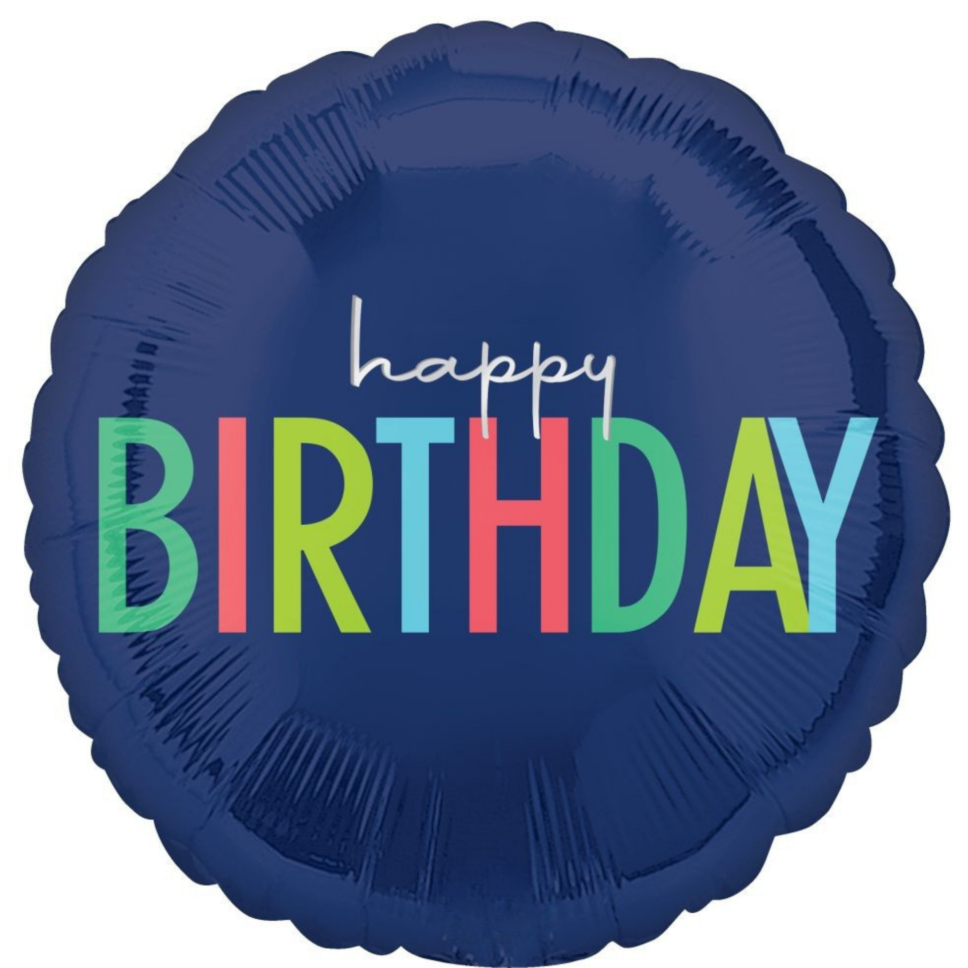 Navy Happy Birthday foil balloon with rainbow lettering, available in Toronto and shipping across Canada & USA.