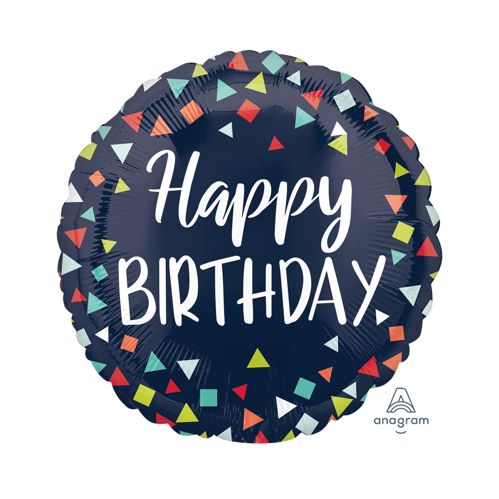 Navy round foil balloon with white ‘Happy Birthday’ lettering and colourful geometric confetti, ideal for birthday parties, available in Toronto and shipping across Canada.