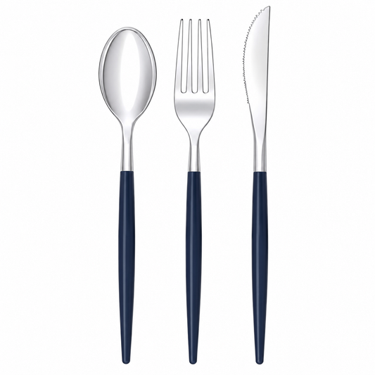 NAVY & SILVER REUSABLE CUTLERY SET | 16 FORKS, 8 SPOONS, 8 KNIVES