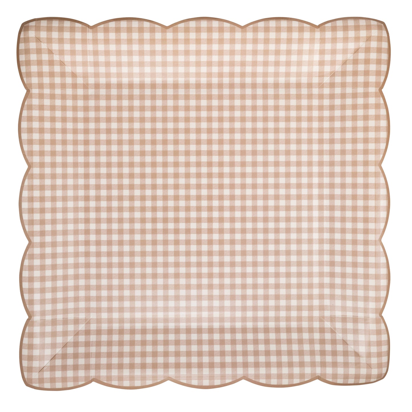 Neutral gingham scalloped paper plates with beige check pattern, sold in Toronto at Confetti My Party