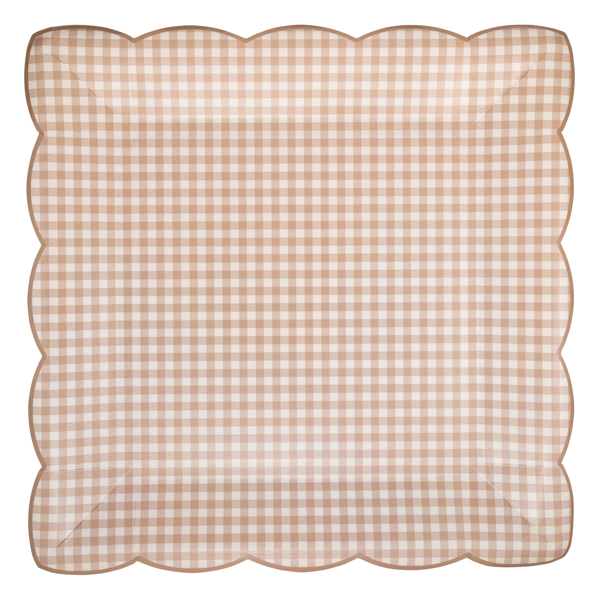 Neutral gingham scalloped paper plates with beige check pattern, sold in Toronto at Confetti My Party