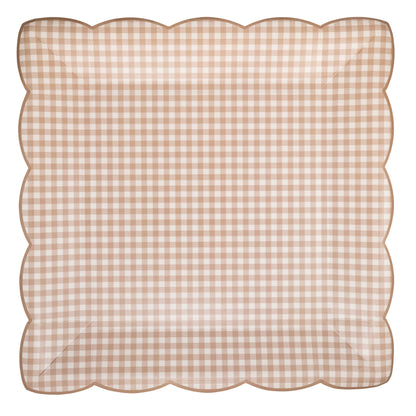 Neutral gingham scalloped paper plates with beige check pattern, sold in Toronto at Confetti My Party