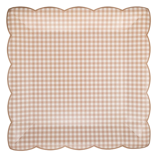 Neutral gingham scalloped paper plates with beige check pattern, sold in Toronto at Confetti My Party