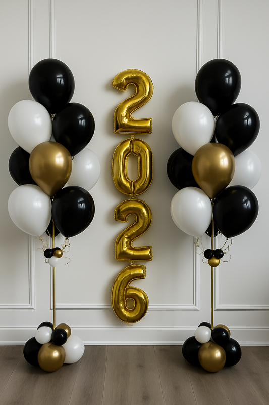 Black, white and gold helium balloon bundles with gold foil mini numbers. Fully assembled, and ready to place for a perfect New Year's photo op. Pick up in Toronto or delivery across GTA.