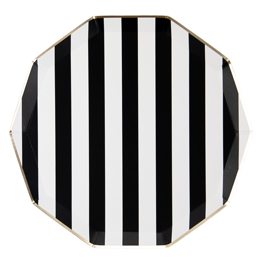 Single black cabana stripe dinner plate with gold foil edge, sold at Confetti My Party in Toronto.