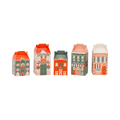 Set of North Pole Advent Boxes shaped like festive Christmas houses, ideal for countdown celebrations across Canada.