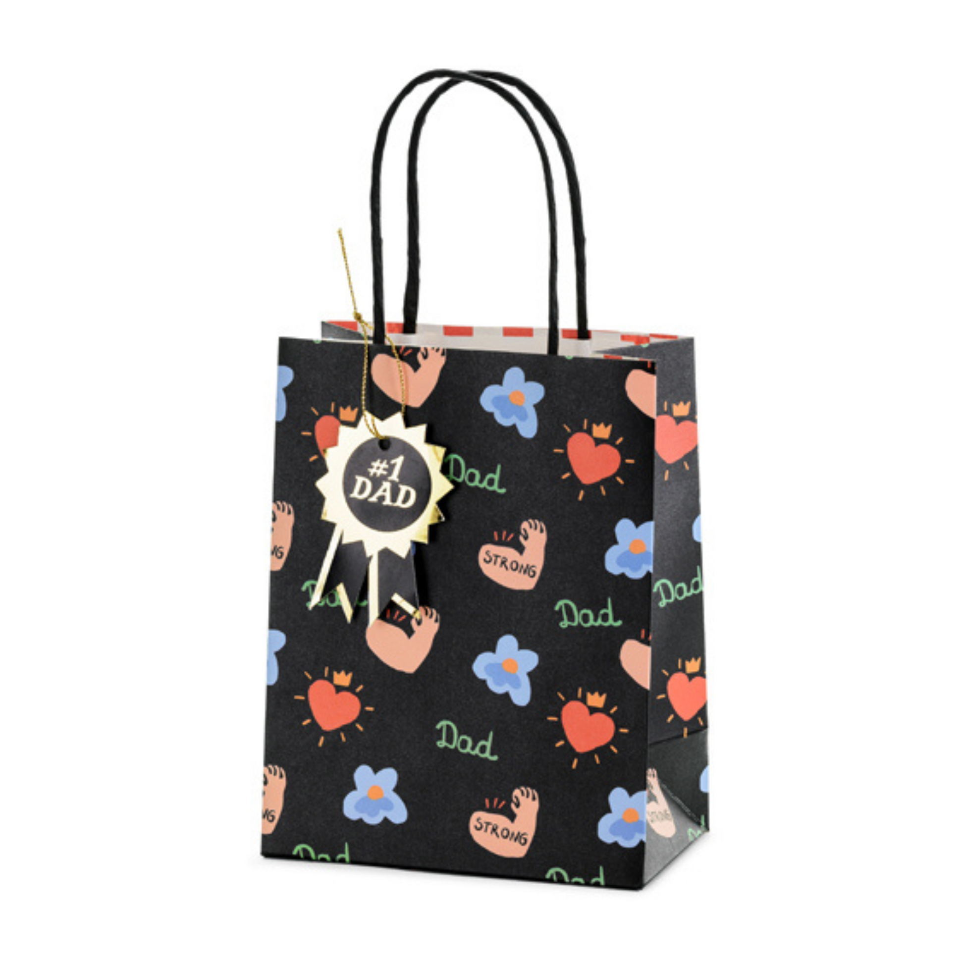Black #1 Dad gift bag with colourful heart, flower, and “Dad” design, perfect for Father’s Day celebrations in Toronto.