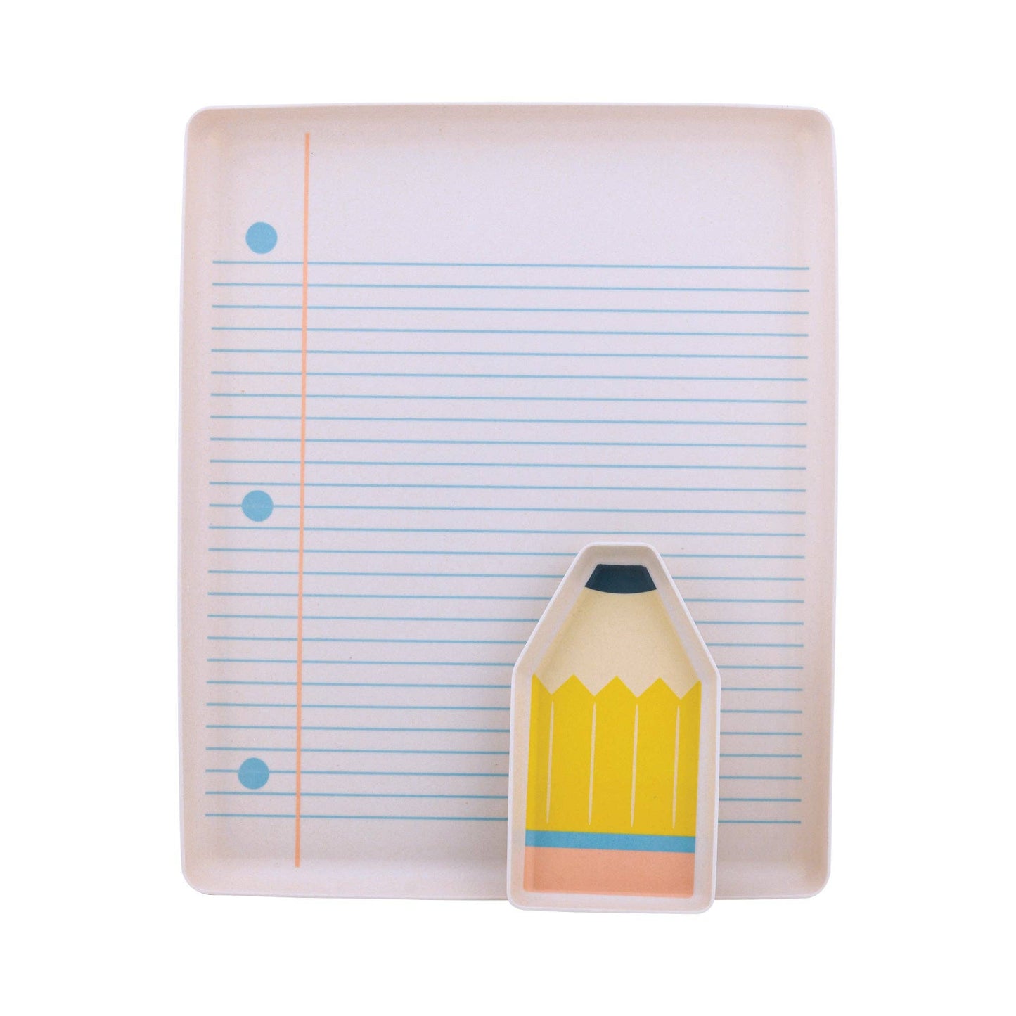 Notebook with lined pages and a pencil-shaped bamboo tray on a white background