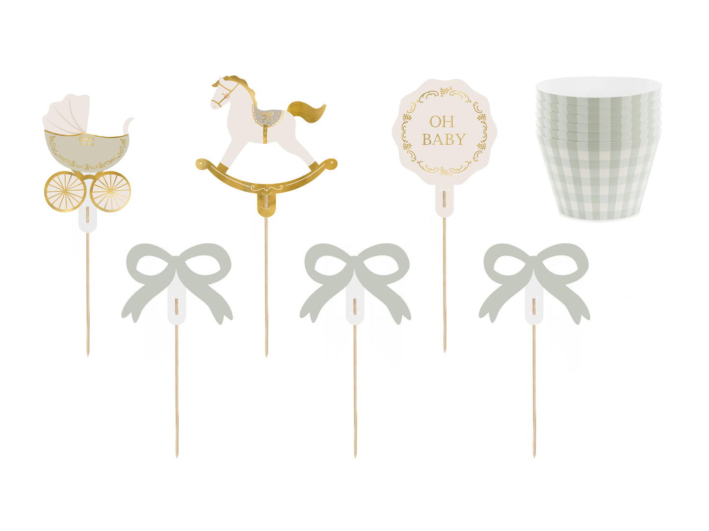 Oh Baby muffin set with mint green gingham cups and gold-accented toppers, available in Toronto and shipping across Canada.