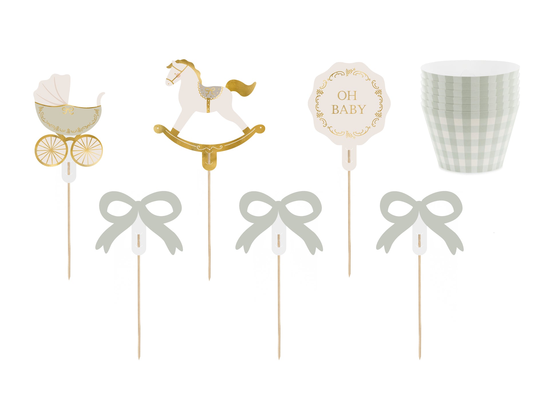 Oh Baby muffin set with mint green gingham cups and gold-accented toppers, available in Toronto and shipping across Canada.