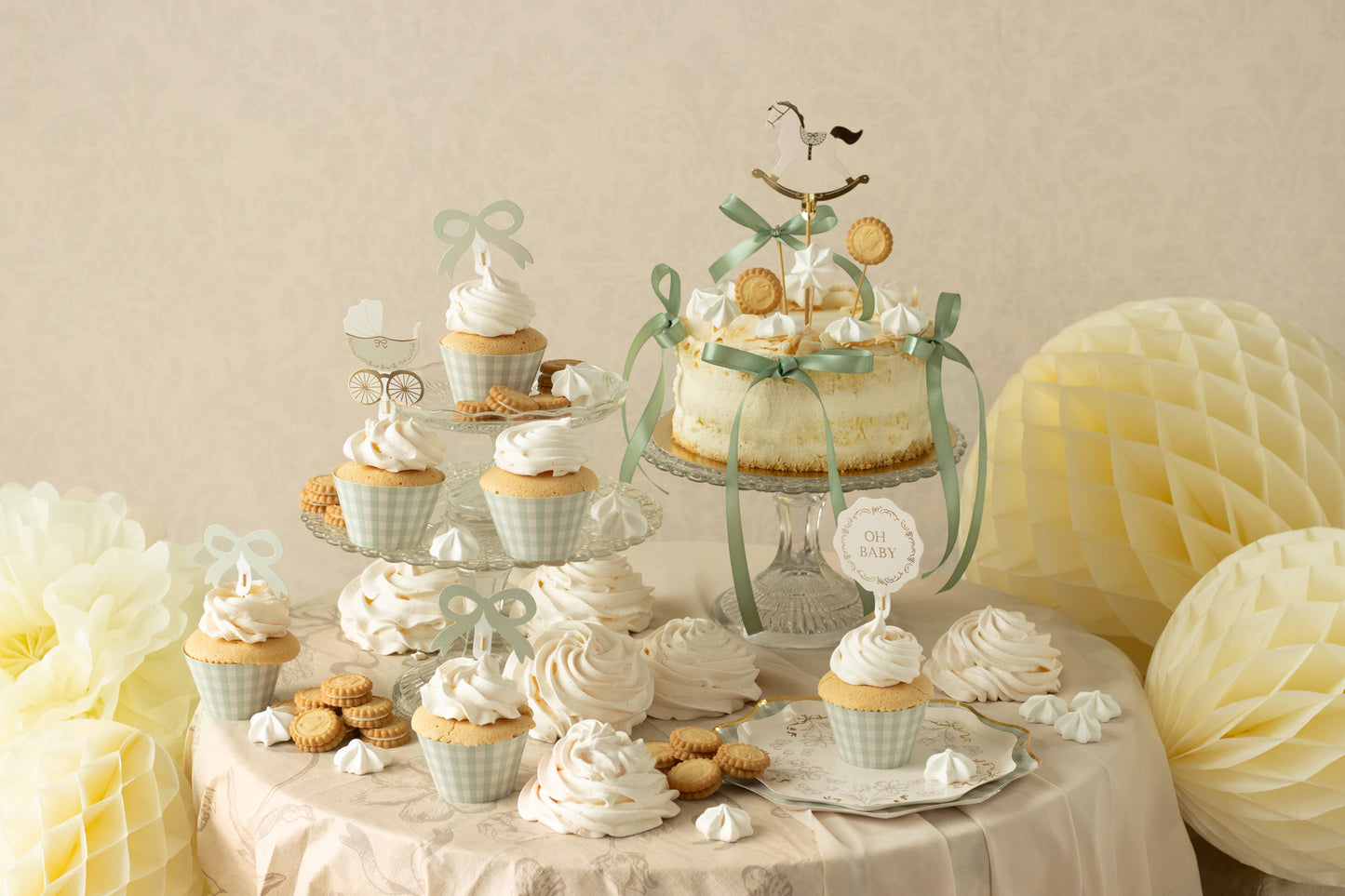 Baby shower dessert table styled with Oh Baby muffin set, cupcakes, cake, and gold details, available in Toronto and shipping across Canada.