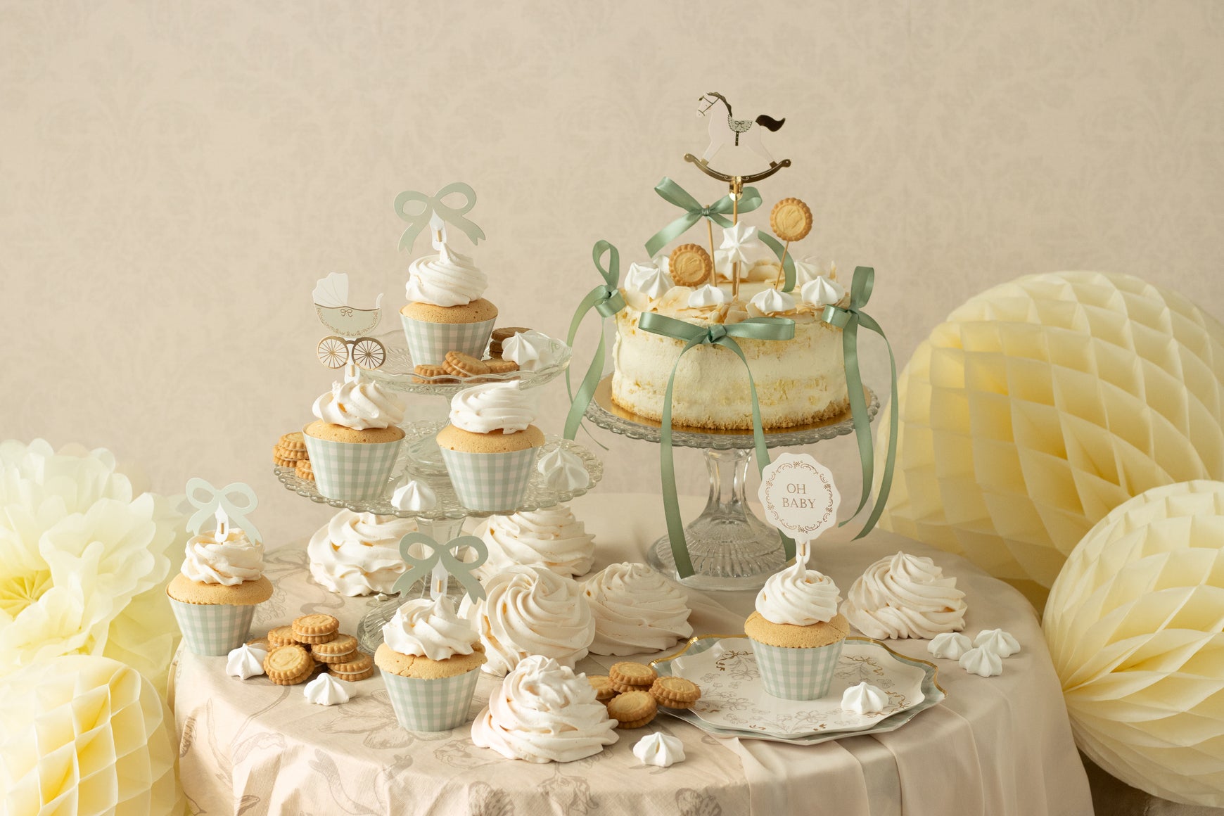 Baby shower dessert table styled with Oh Baby muffin set, cupcakes, cake, and gold details, available in Toronto and shipping across Canada.