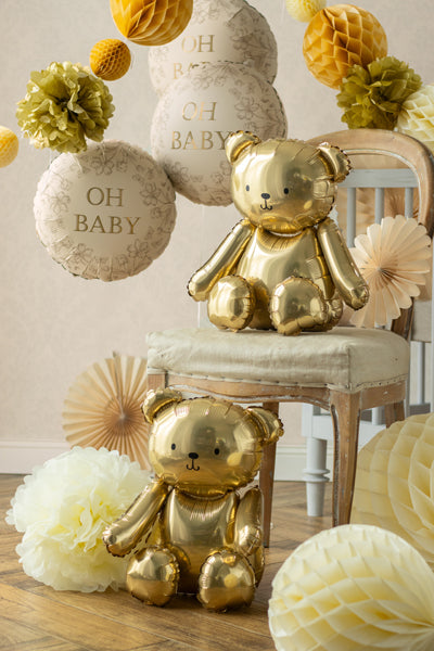 Oh Baby floral foil balloons with gold teddy bear balloons, available in Toronto and shipping across Canada.