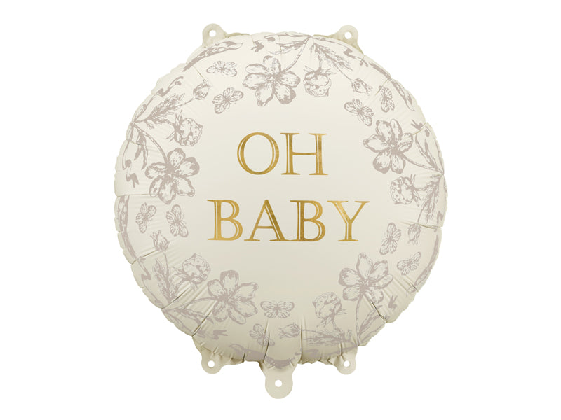 Round foil balloon with ‘Oh Baby’ gold lettering and floral border, perfect for baby showers in Toronto.