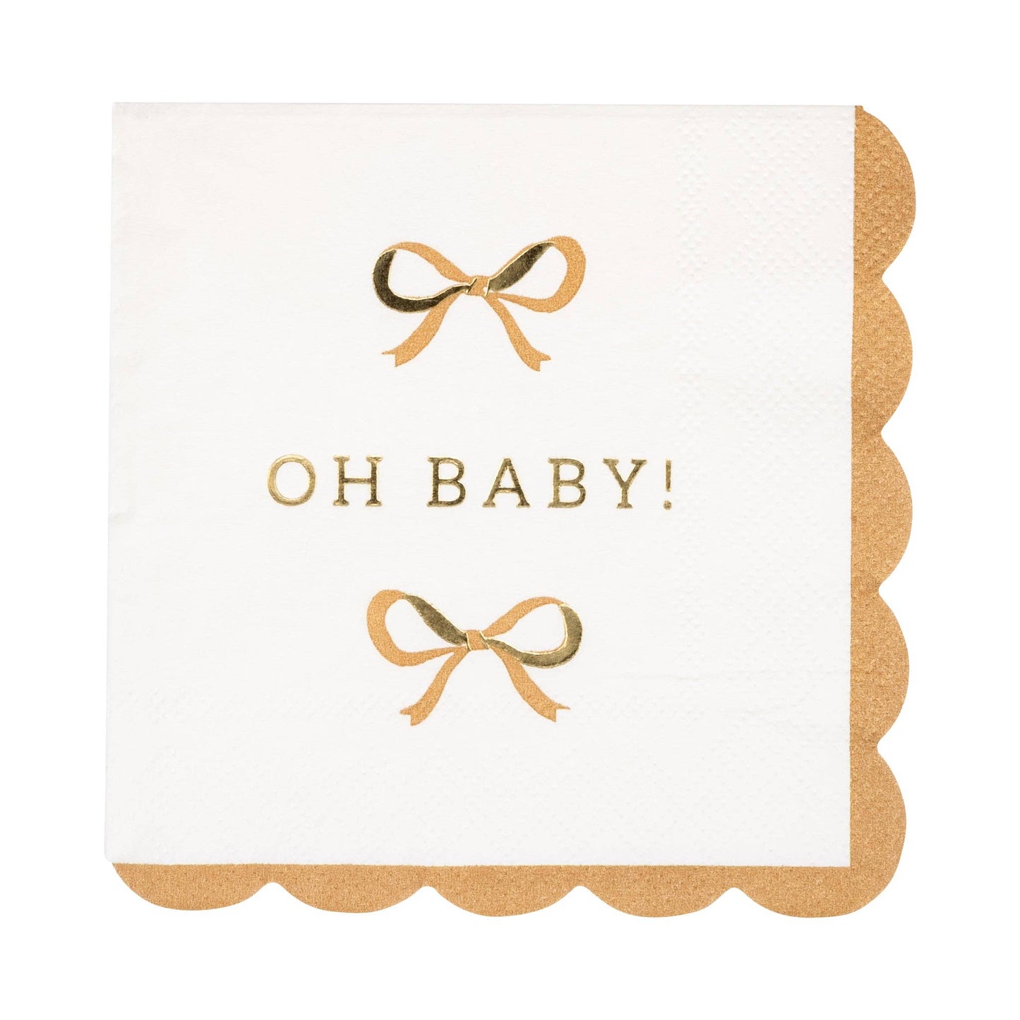 White cocktail napkin with gold foil bows and scalloped tan border, perfect for baby showers in Toronto.