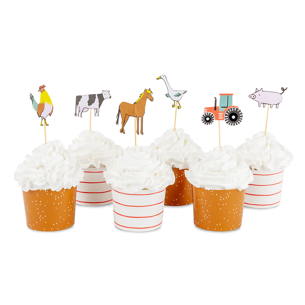 Farm animal cupcake toppers with tractor, rooster, horse, and cow displayed on frosted cupcakes, part of a farm party kit shipping across Canada.
