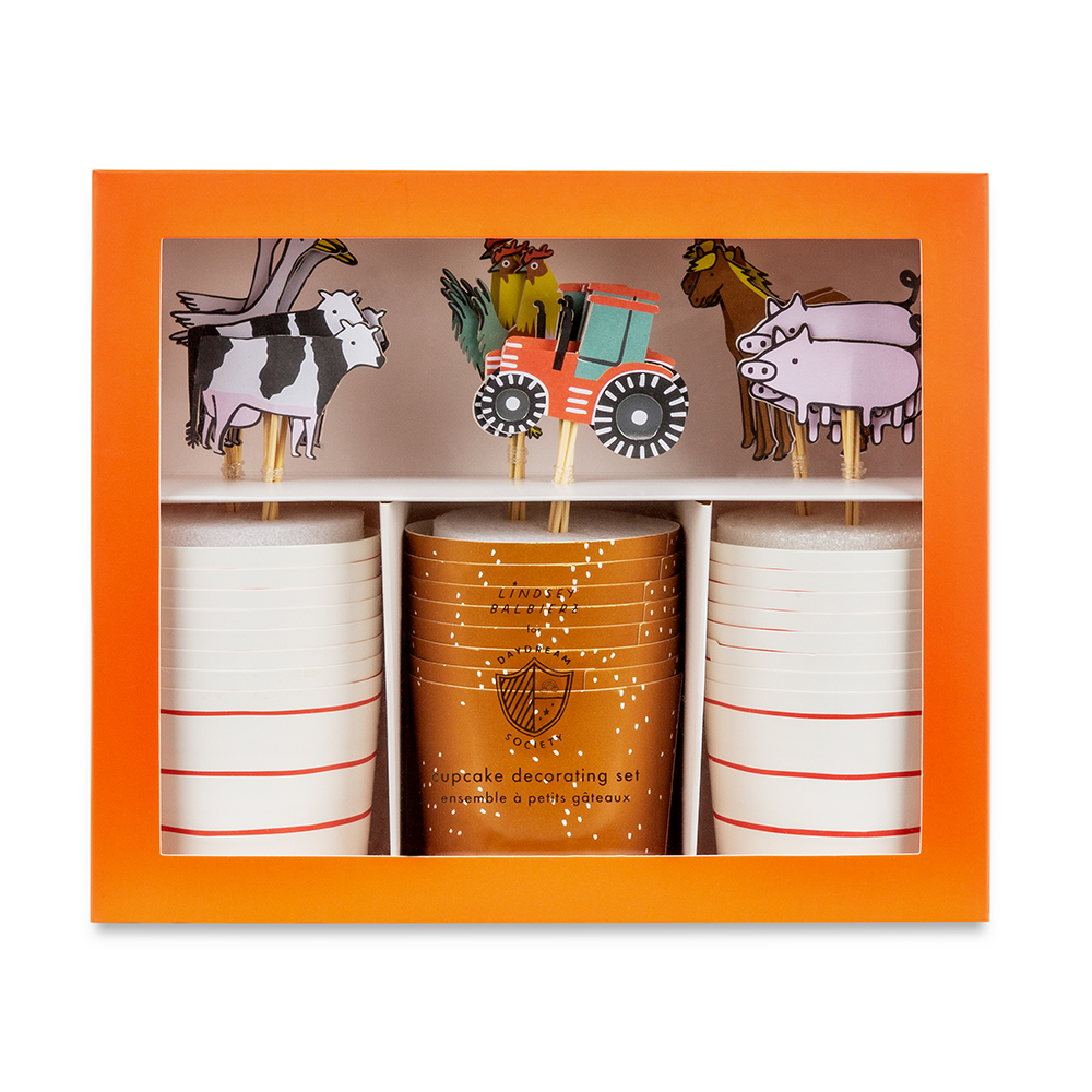 On the Farm Cupcake Kit boxed set with striped liners and farm animal toppers including tractor, cow, horse, duck and pig, available in Toronto.