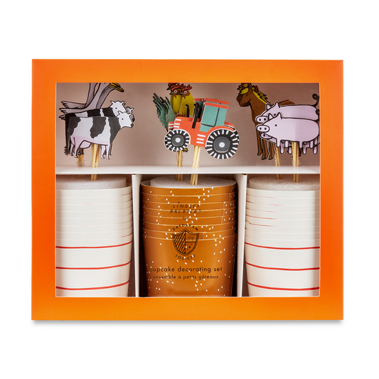 On the Farm Cupcake Kit boxed set with striped liners and farm animal toppers including tractor, cow, horse, duck and pig, available in Toronto.