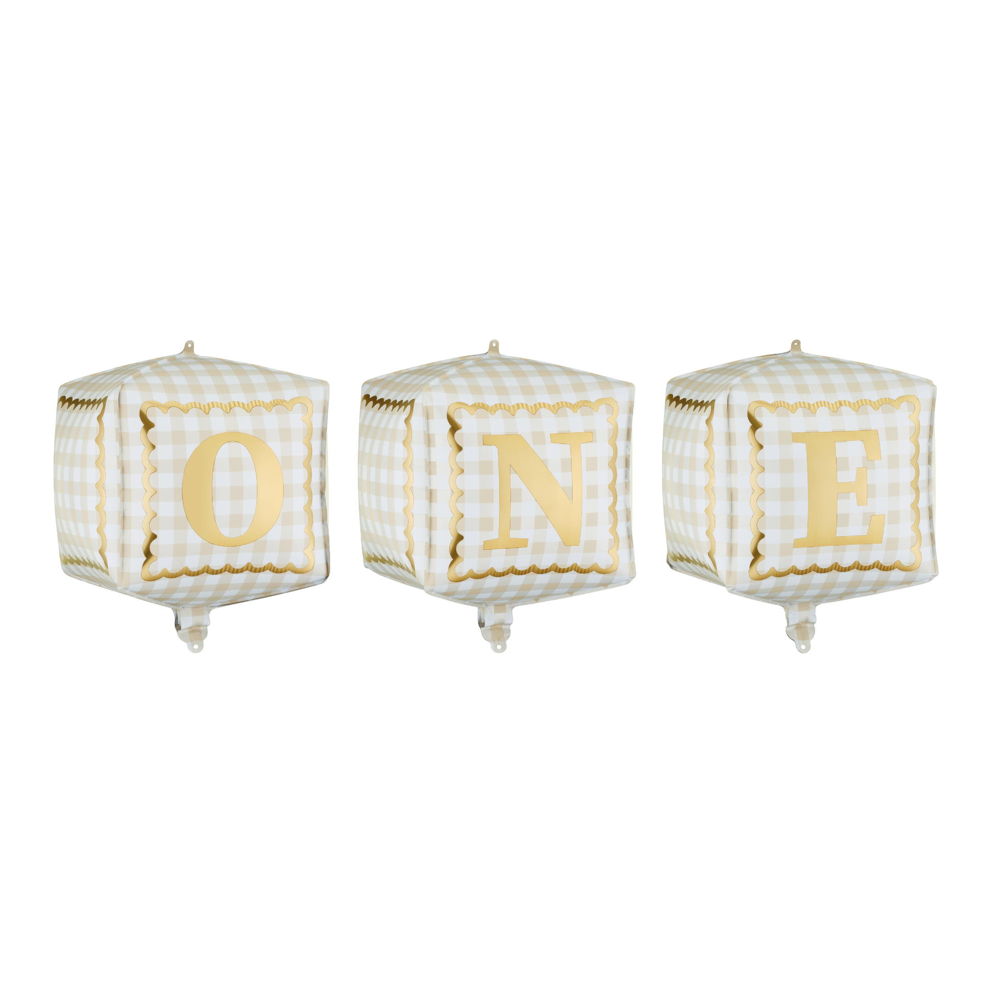 “ONE” cube foil balloons in neutral gingham with gold lettering, perfect for first birthday parties available at our Toronto party shop.