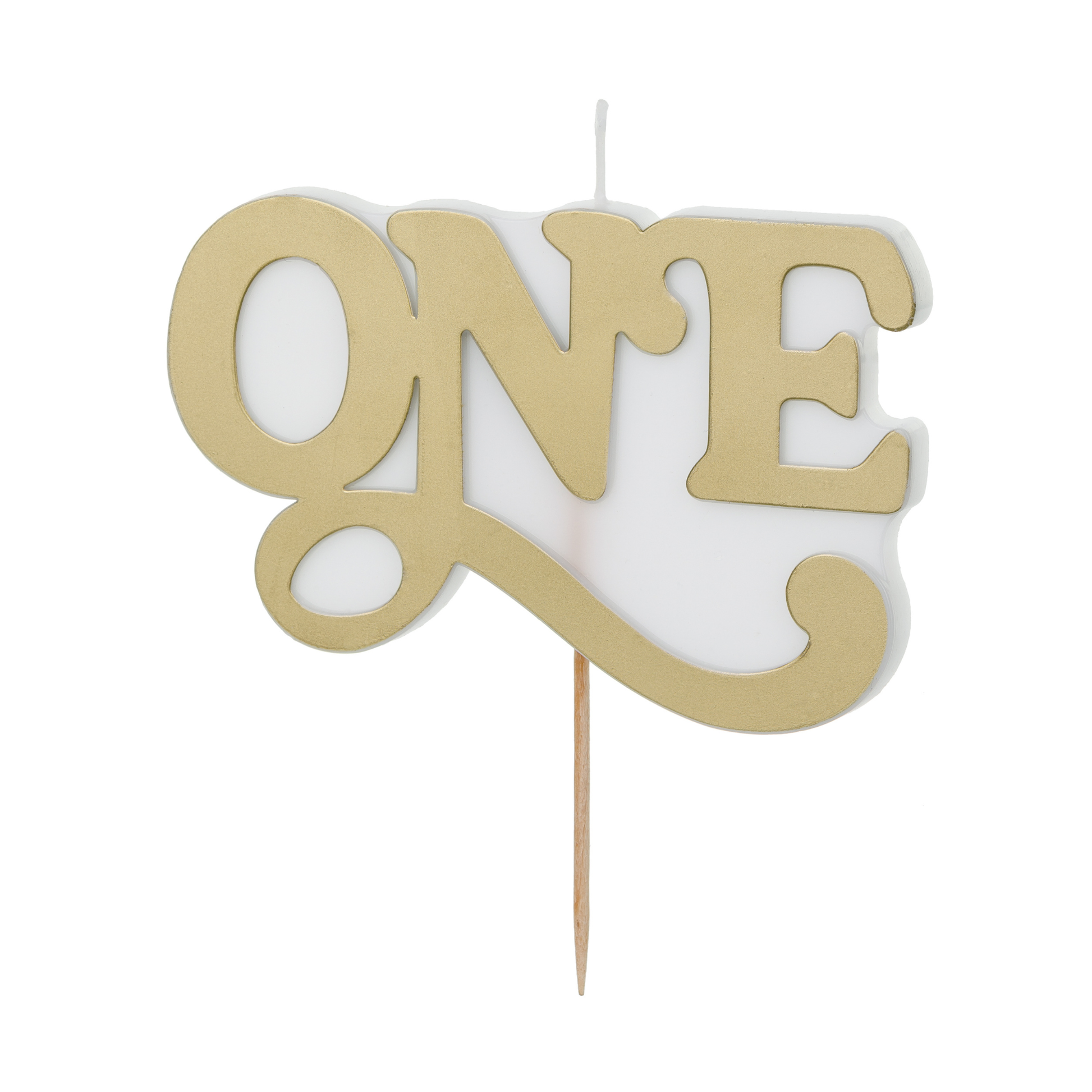 Gold “ONE” birthday candle for first birthday cakes available at our Toronto party shop