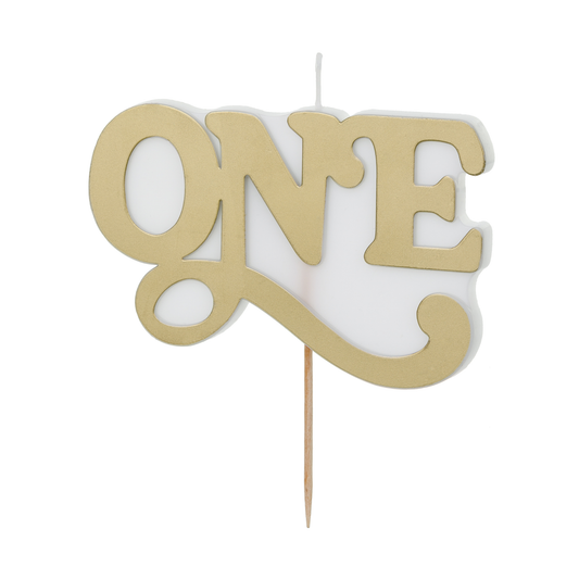 Gold “ONE” birthday candle for first birthday cakes available at our Toronto party shop