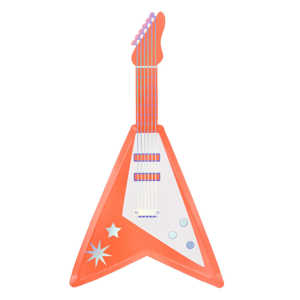 Orange Meri Meri electric guitar shaped party plate with retro star accents, available at our Toronto party shop.