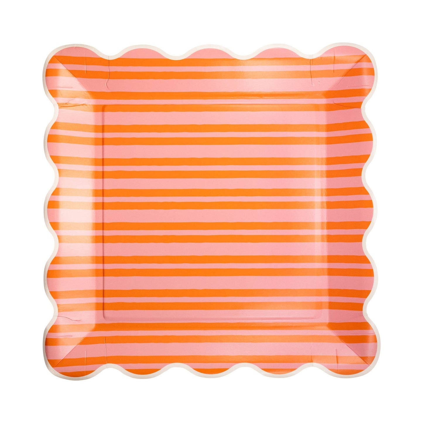Orange and pink striped square paper plates with scalloped edges