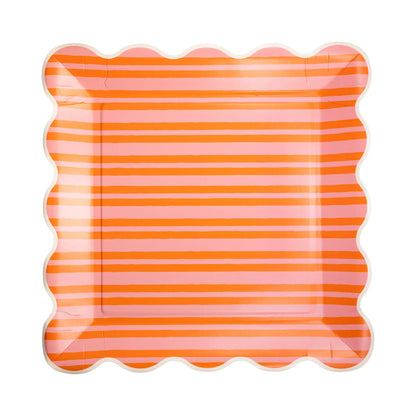 Orange and pink striped square paper plates with scalloped edges
