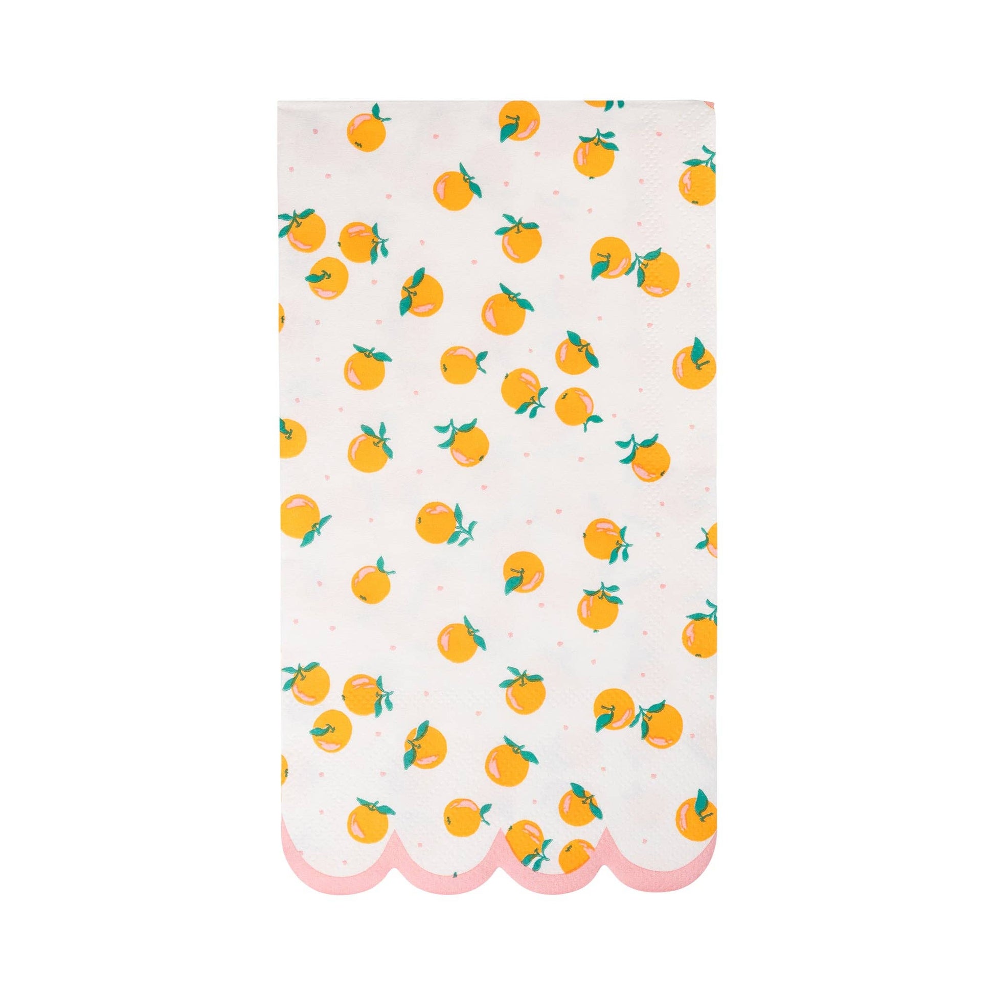 White dinner napkin with orange fruit print and pink scalloped border, perfect for Toronto summer parties.