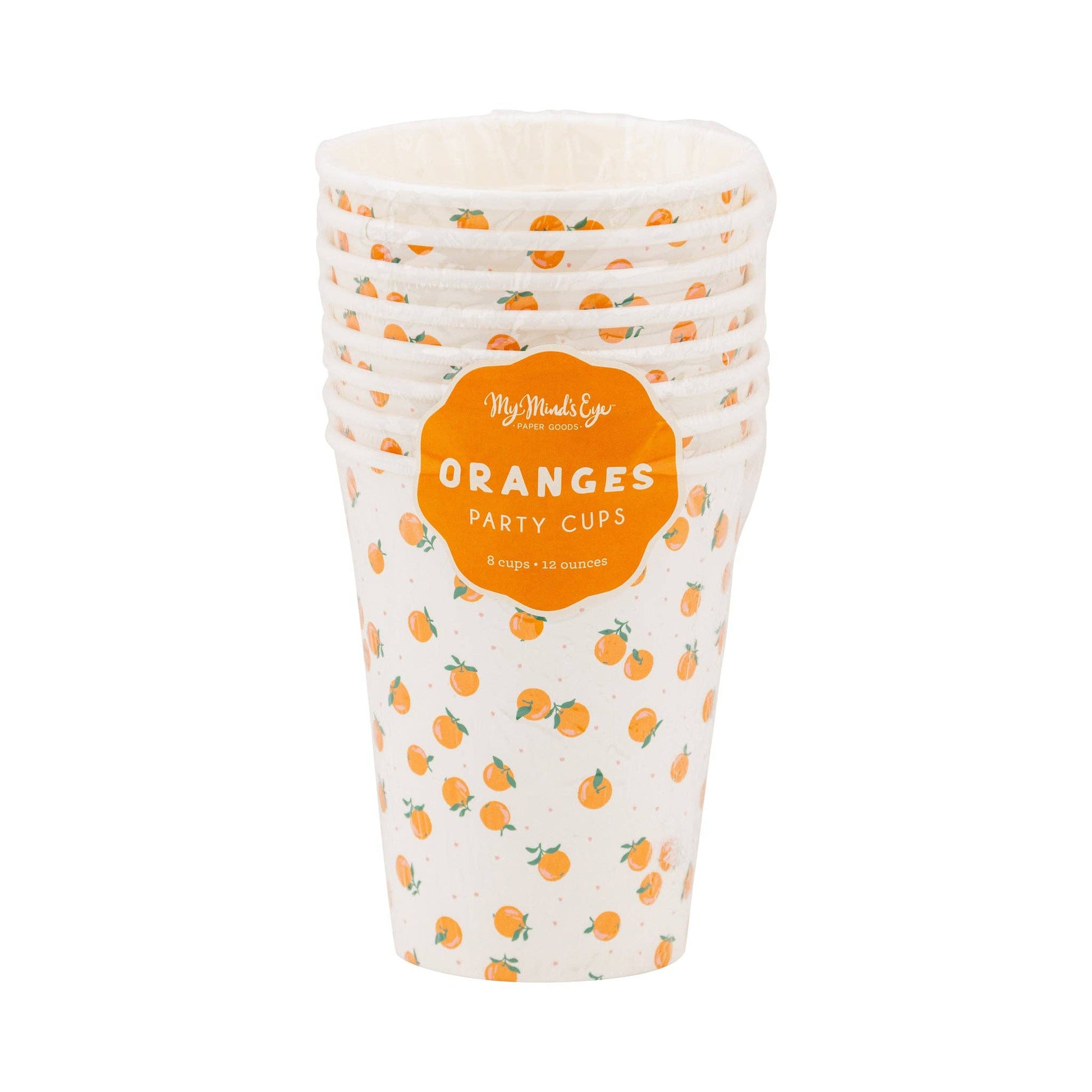 Stack of paper party cups with orange fruit pattern. Pack of 8 sold in Toronto and fast shipping across Canada.